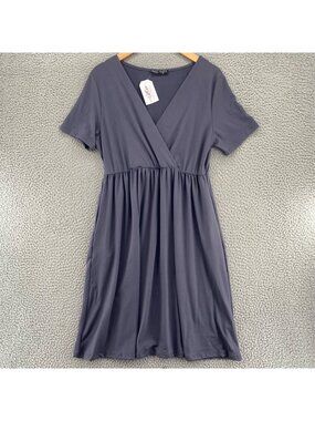 Shop Basic USA Dress Women Medium Gray Blouson Empire Surplice Short Sleeve NWT